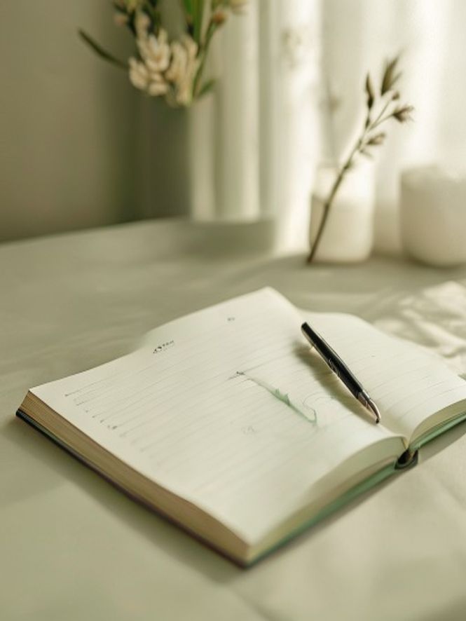 Open notebook with habit tracking template and pen on minimalist desk